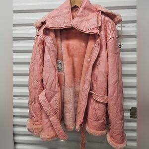 GORGEOUS PINK GENUINE LEATHER COAT WITH FLEECE LINING AND BELT PLUS SIZE XL/1XL